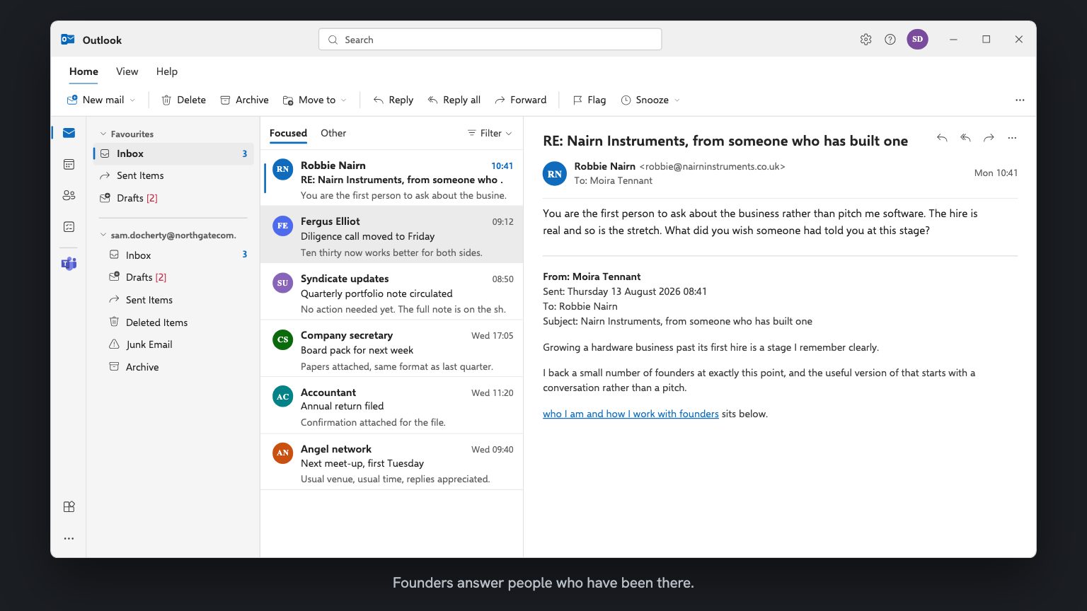 An Outlook inbox. Robbie Nairn's reply is open: you are the first person to ask about the business rather than pitch me software, the hire is real and so is the stretch, what did you wish someone had told you at this stage. The original campaign email is quoted underneath it.