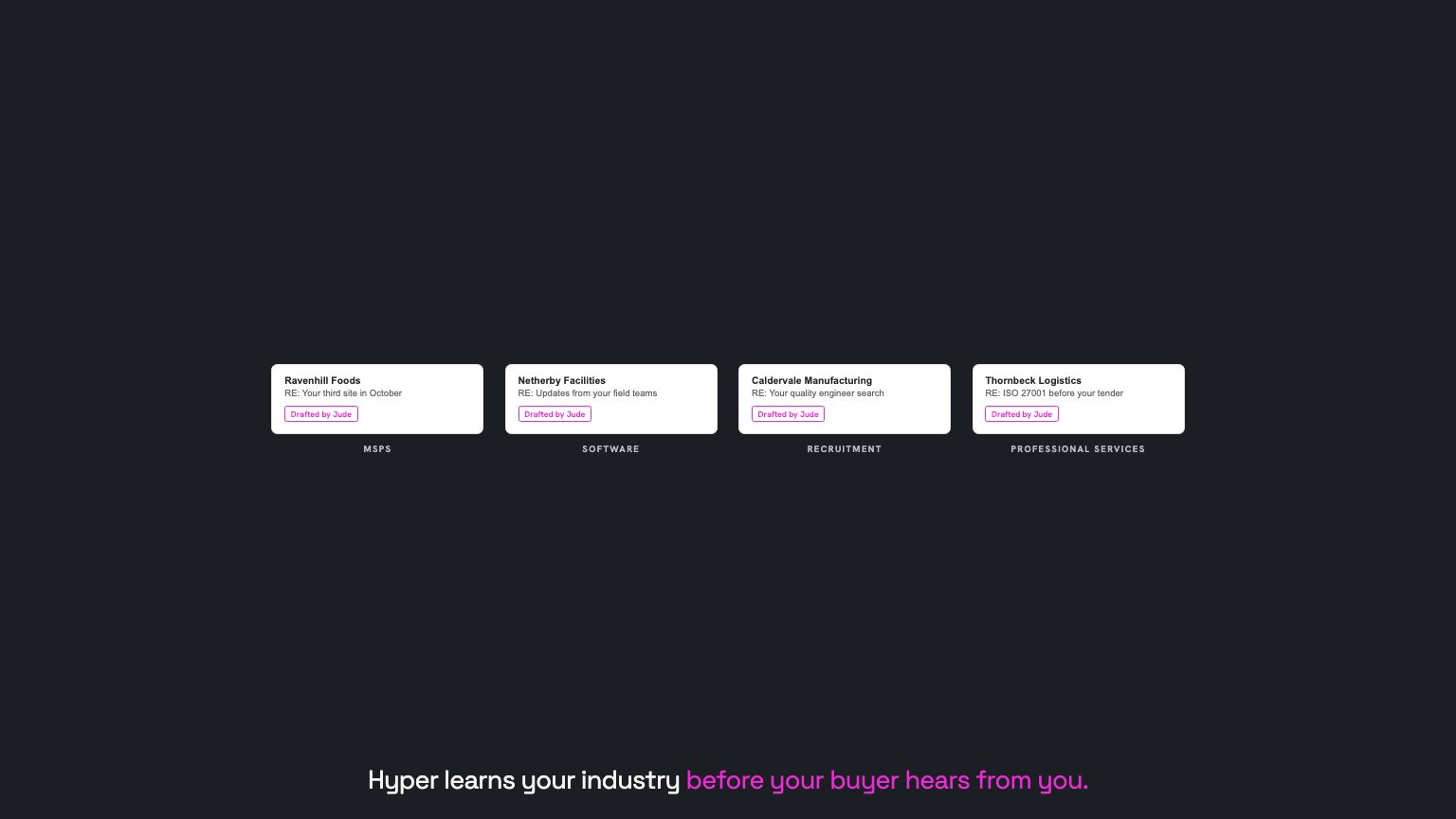 Four drafted replies, one per industry, each labelled Drafted by Jude beneath the company it answers: Ravenhill Foods, Netherby Facilities, Caldervale Manufacturing and Thornbeck Logistics.