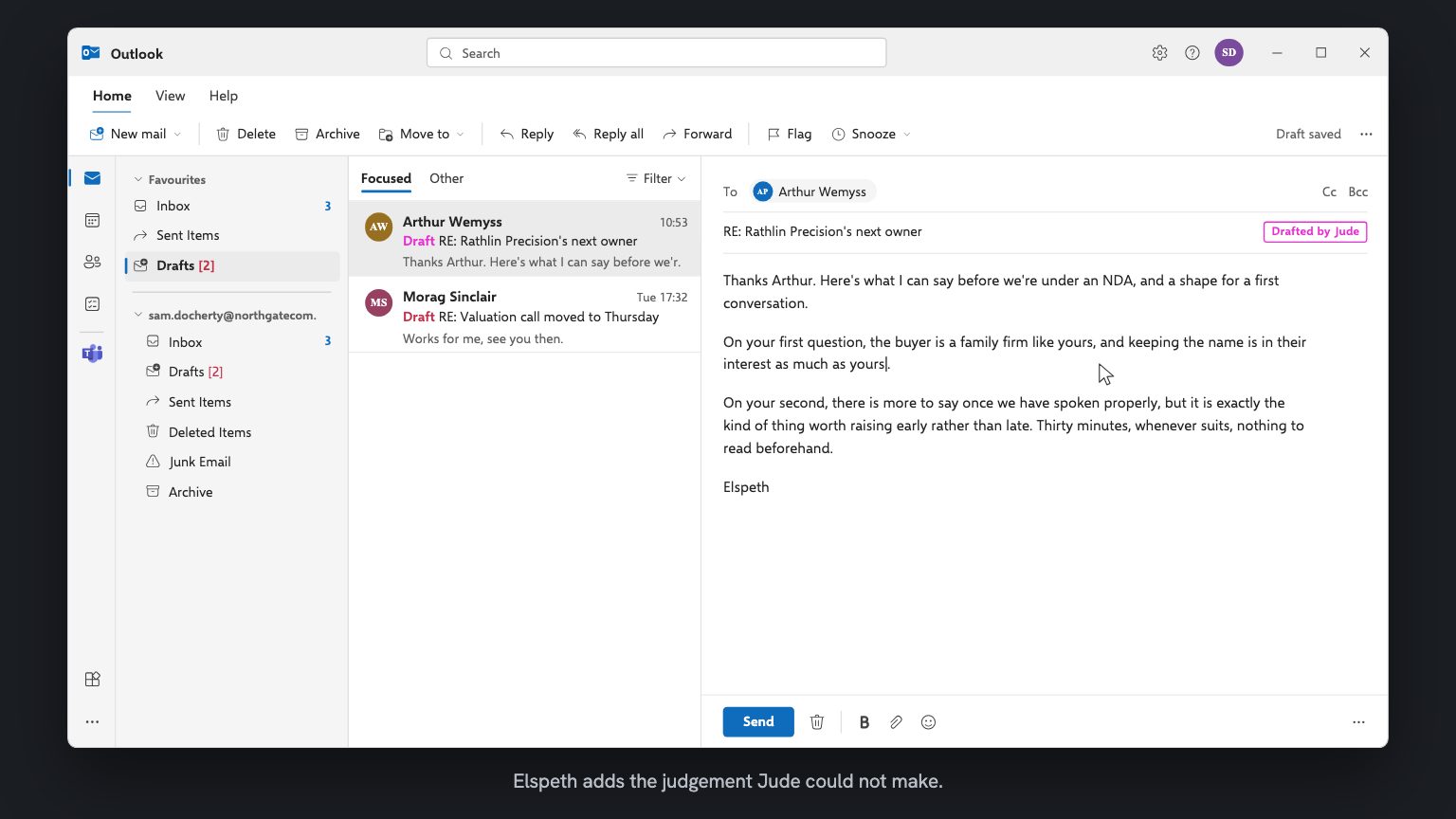 Jude's draft open in Outlook, labelled Drafted by Jude. Elspeth has replaced a phrase in it describing the buyer with a personal assurance that the buyer is a family firm like Rathlin and that keeping the name is in their interest too, with the Send button below.