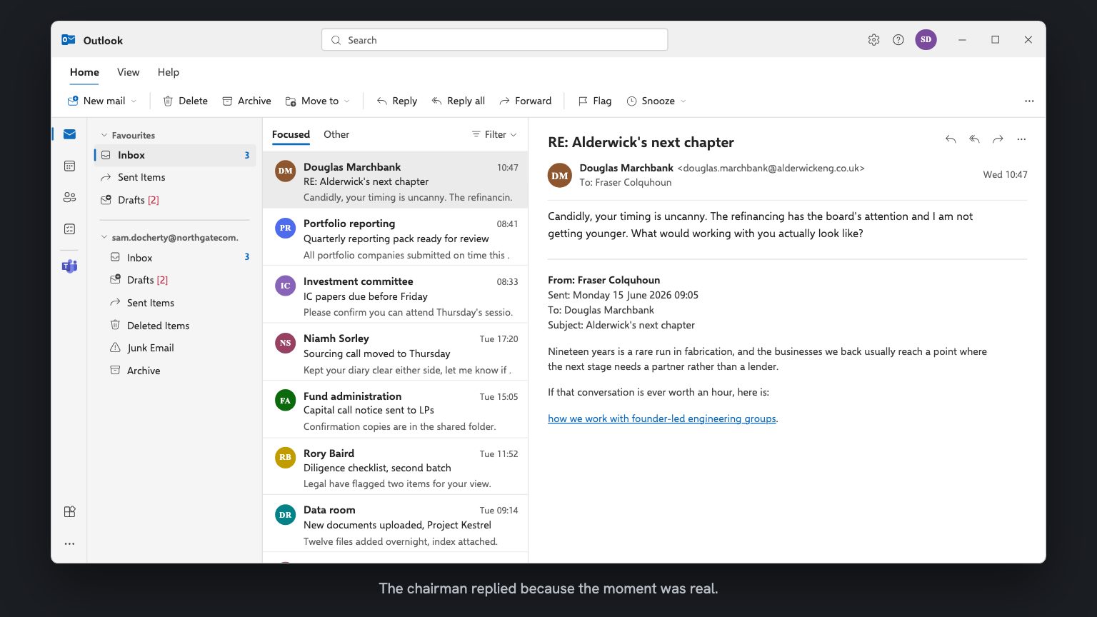 An Outlook inbox. A reply from Douglas Marchbank is open, saying the timing is uncanny, the refinancing has the board's attention and he is not getting younger, with the original email Hyper sent quoted underneath.