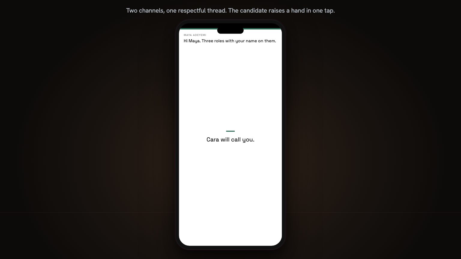 A pixel-exact WhatsApp thread two days later, then Maya's own page open on her phone: she has tapped I'm interested on the 93% role, and the page reads simply, Cara will call you.